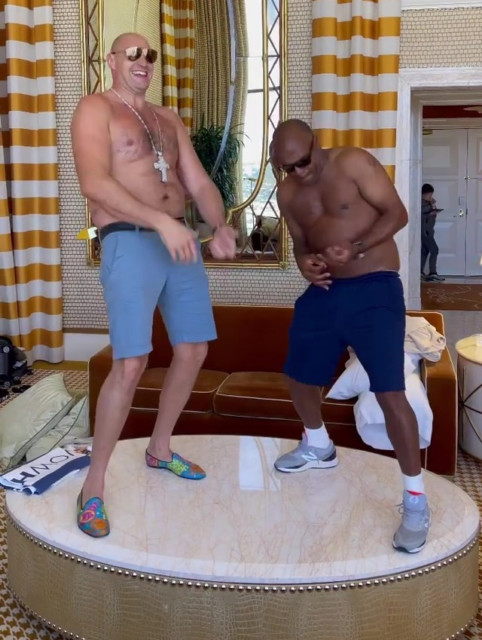 , Watch topless Tyson Fury dance on table of Las Vegas hotel room as he takes break from Anthony Joshua fight camp