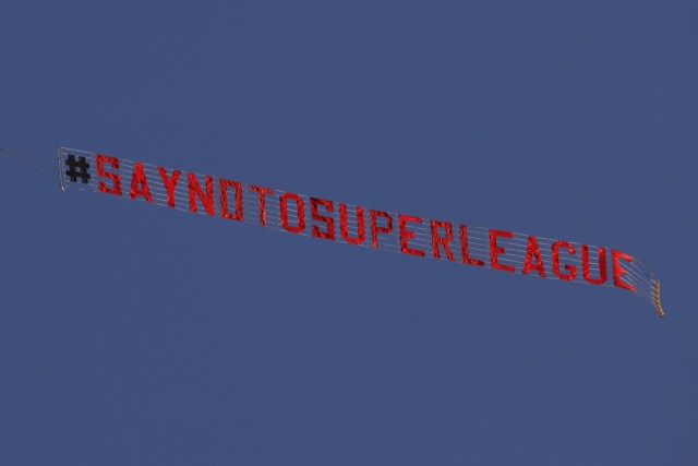 , Angry fans fly ‘Say No To Super League’ banner over Leeds clash with Liverpool as Milner says ‘I hope it doesn’t happen’