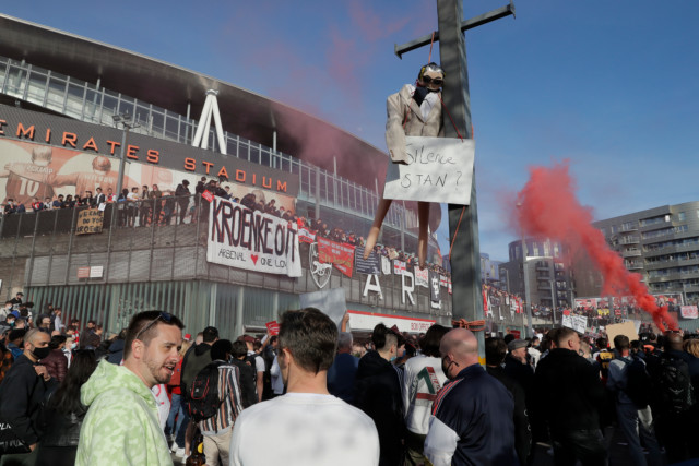 A Stan Kroenke effigy was strung up outside the Emirates as furious fans protested