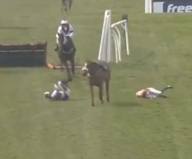 , Watch terrifying moment champion jockey Brian Hughes is barged over by loose horse during carnage at Sedgefield
