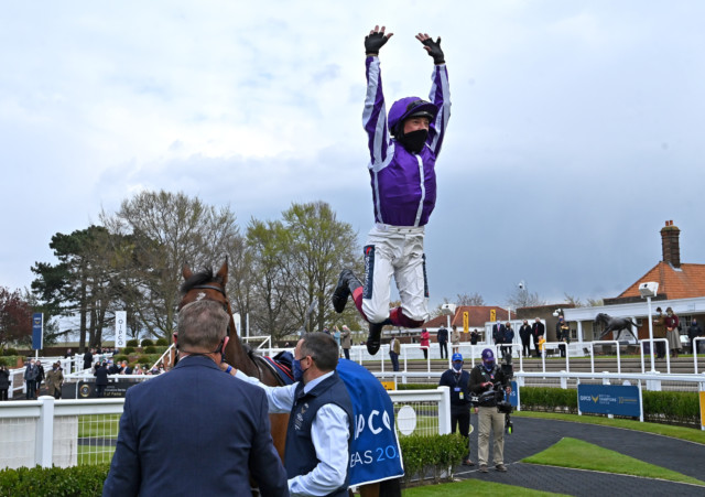 , Frankie Dettori, 50, interrupts ITV coverage with raucous celebrations after winning 1000 Guineas on 10-1 Mother Earth