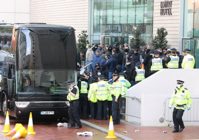 Angry fans blocked the Lowry Hotel entrance ahead of Manchester United's match
