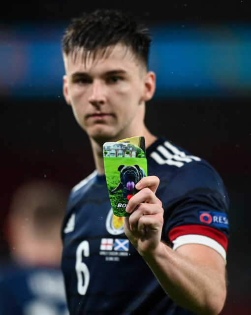 , Kieran Tierney shows off custom shin pads featuring a dog picture after heroic Scotland display vs England