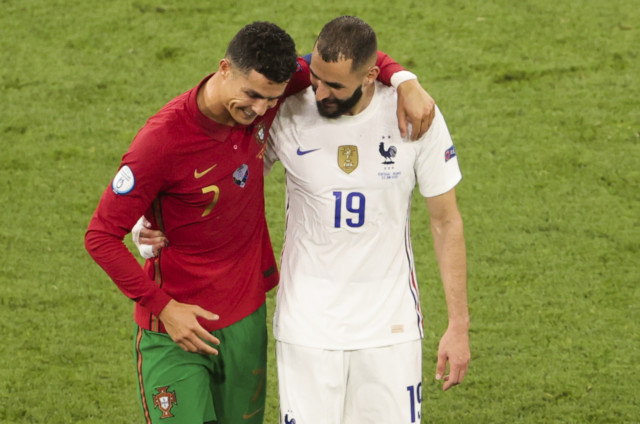 , Cristiano Ronaldo and Karim Benzema swap shirts at HALF-TIME as former Real Madrid team-mates share laugh at Euro 2020
