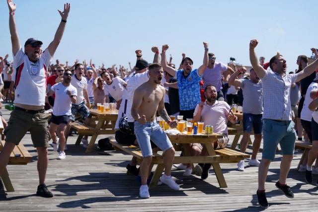 , Moment England fans go wild throwing beer everywhere after Sterling scores against Croatia