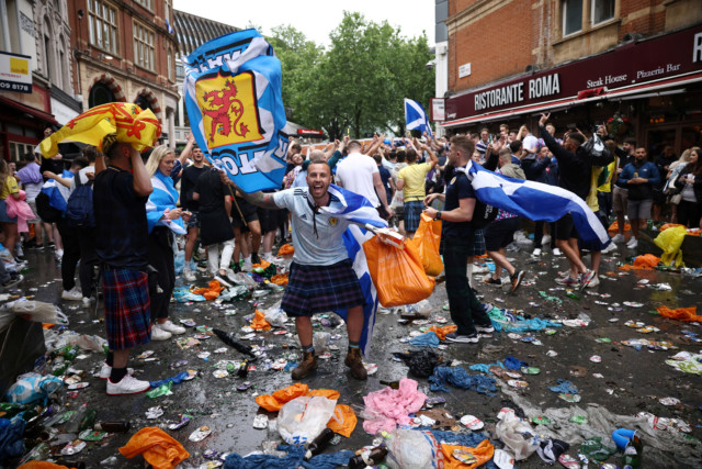 , Boozy football fans trash Leicester Square leaving piles of rubbish before Euros Wembley showdown with Scotland