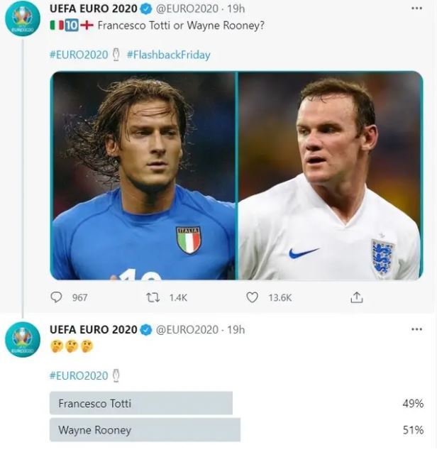 , England and Italy fans arguing before Euro 2020 final as Uefa asks them to vote on who was better out of Rooney &amp; Totti