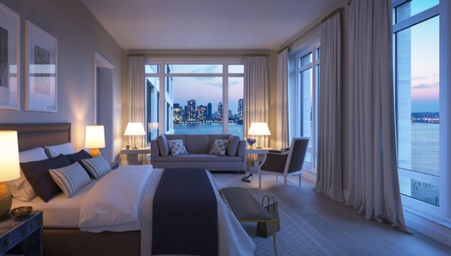 The bedroom boasts a view of the Hudson River