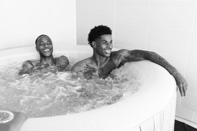 , Footie aces Sterling and Rashford relaxed in a hot tub ahead of Wednesday’s semi clash with Denmark