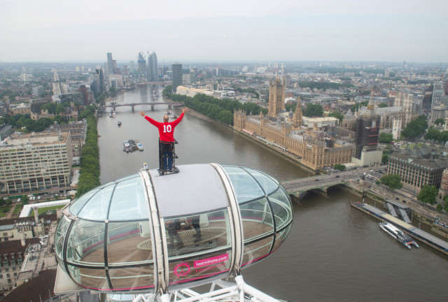 , World Cup hero Sir Geoff Hurst stands atop the London Eye looking to Wembley as he dreams of another win