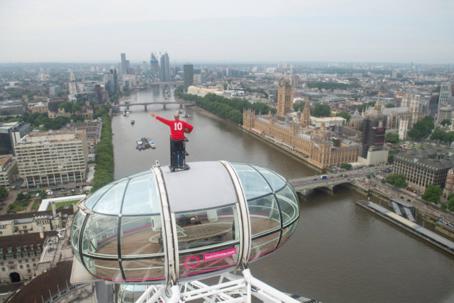 , World Cup hero Sir Geoff Hurst stands atop the London Eye looking to Wembley as he dreams of another win