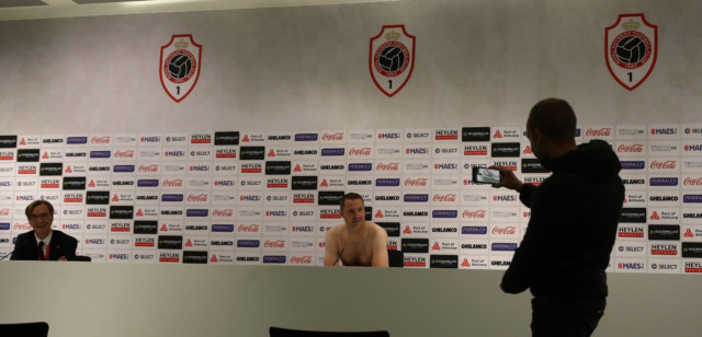 , Ex-Portsmouth defender Brian Priske turns up to press conference NAKED after making bet with his Royal Antwerp players