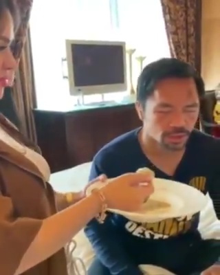 , Manny Pacquiao has to be spoon-fed by doting wife as boxing legend can barely open eyes after brutal Yordenis Ugas fight