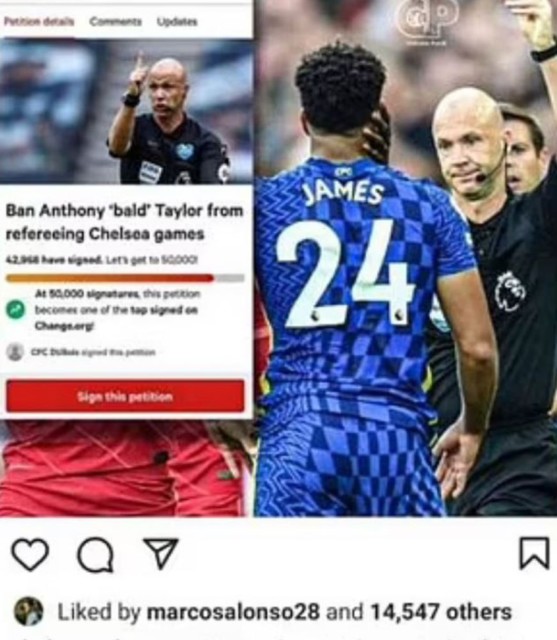 , Alonso likes post promoting petition for Anthony Taylor to be banned from refereeing Chelsea games after James red card