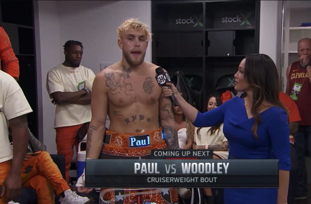 , Jake Paul shows off ELECTRONIC shorts as UFC star Dustin Poirier visits YouTuber backstage before Tyron Woodley fight