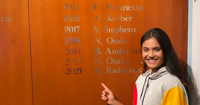, Proud Emma Raducanu poses next to US Open champions wall after name is engraved below Serena Williams and Co