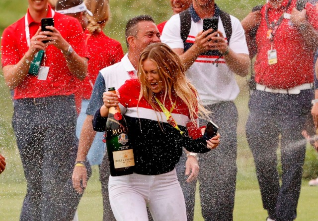 , Dustin Johnson kisses stunning fiancee Paulina Gretzky after former World No1 beats Paul Casey in Ryder Cup thrashing
