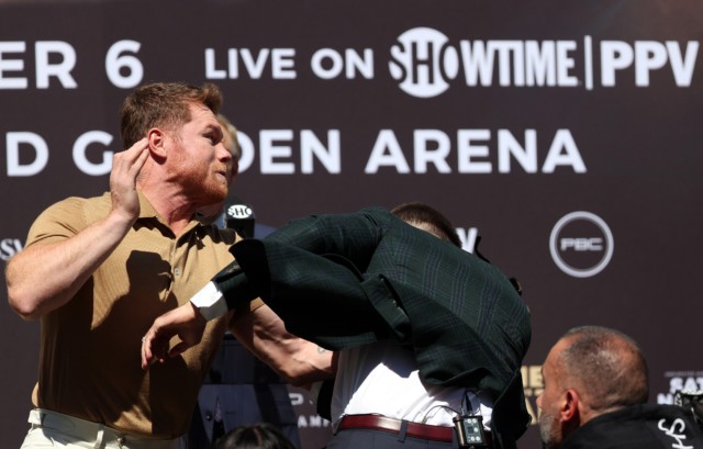 , Canelo Alvarez leaves Caleb Plant with nasty cut and covered in BLOOD after furious brawl at pre-fight press conference