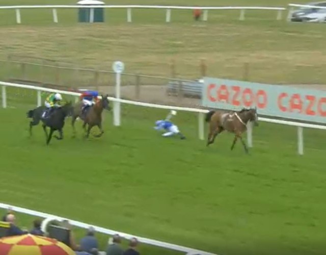 , Watch absolutely brutal end to horse race where jockey is robbed of first win at track in four years