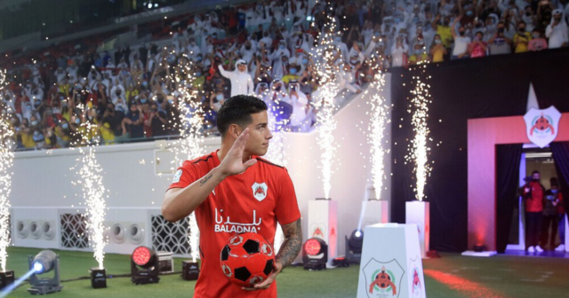 , James Rodriguez looks unimpressed as he watches new team Al-Rayyan in action from the stands after transfer from Everton