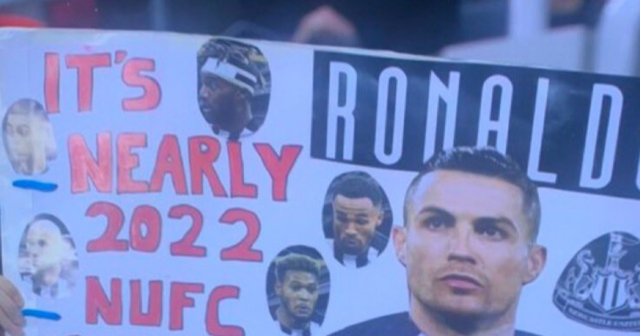 , Newcastle fan holds up hilarious sign urging Cristiano Ronaldo to join club from Man Utd in the summer