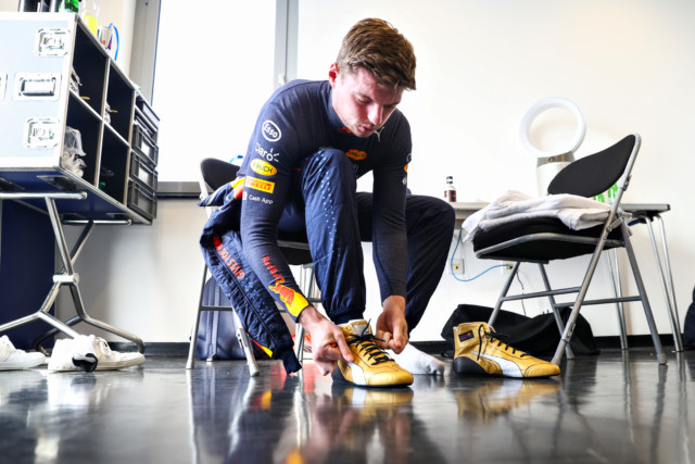 , Max Verstappen wears GOLD racing boots as he’s back on track for first time since epic F1 title win over Lewis Hamilton