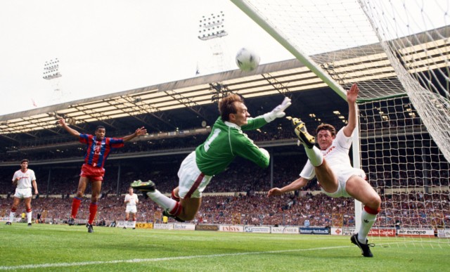 Scotland keeper Jim Leighton helped Utd win the 1990 FA Cup final against Crystal Palace in a replay - after failing to keep out this goal in the first match at Wembley, a 3-3 draw 