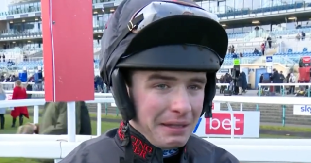 , Jockey Charlie Deutsch breaks down in tears after winning race for his mate who died just hours before