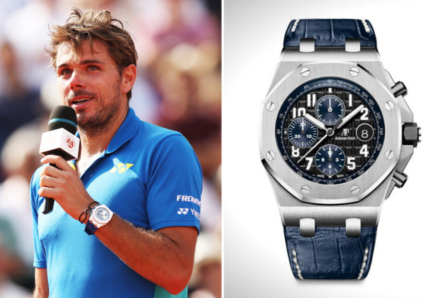 Stan Wawrinka is a brand ambassador for Audemars Piguet, like Serena Williams, wearing their Royal Oak Shore watch