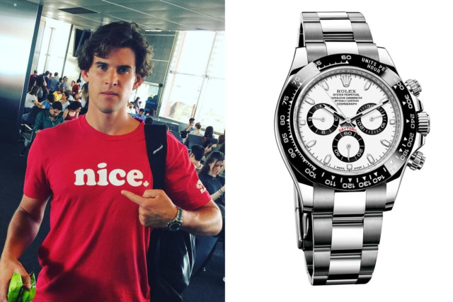 Dominic Thiem shows off a stainless steel and ceramic Daytona chronograph worth around £14k as he arrives at the airport for Wimbledon