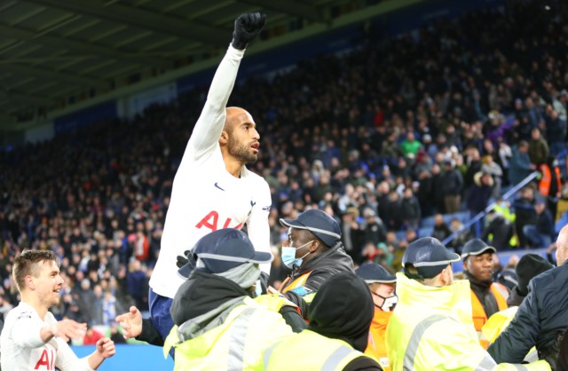 , Moura leaps into steward’s arms as Tottenham celebrate last-gasp comeback win at Leicester as Bergwijn breaks record