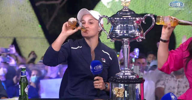 , Ash Barty celebrates Australian Open win by drinking beer on live TV after promising to wait until after final