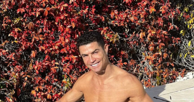 , Cristiano Ronaldo poses in tiny swim shorts as he relaxes in pool at home after missing Man Utd draw with Aston Villa