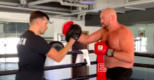 , Watch topless Tyson Fury show off speed on pads as he claims he can beat Dillian Whyte ‘with one hand behind my back’