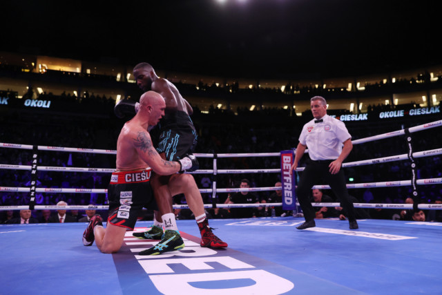, Anthony Joshua and UFC champ Israel Adesanya walk out Lawrence Okolie and watch Brit win hug-heavy Michal Chieslak fight