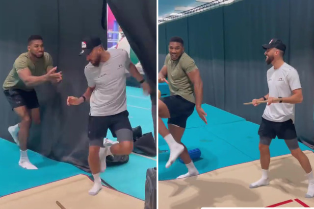 , Watch Anthony Joshua show off his explosive punching power on arcade boxing machine during Easter park party in Watford