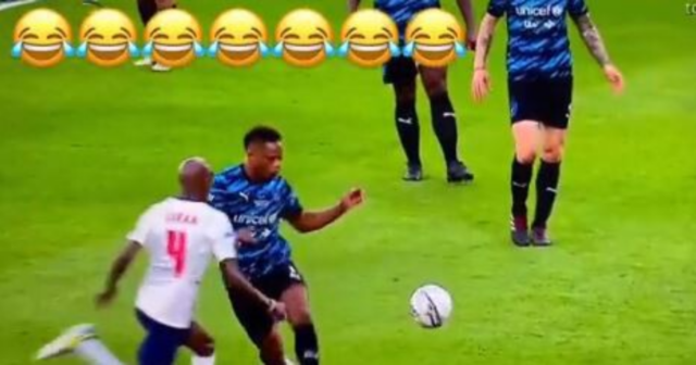 , Watch Man Utd legend Patrice Evra miss ball and wipe out Mo Farah leaving Rio Ferdinand in hysterics during Soccer Aid