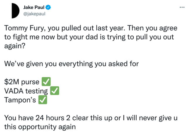 , Jake Paul gives Tommy Fury 24 hours to accept $2m fight and claims Love Island star’s dad is ‘trying to pull him out’