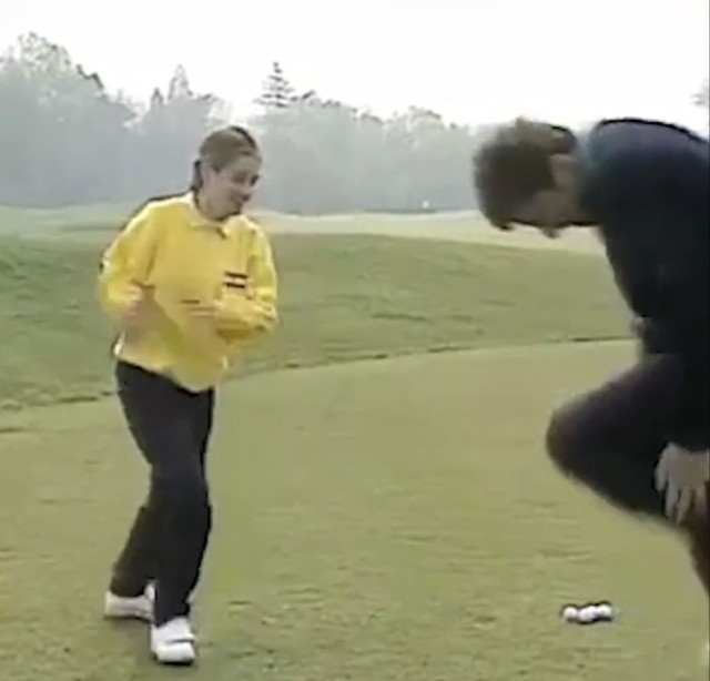 , Watch unrecognisable Kirsty Gallacher accidentally smack golf ball off Nick Faldo in amazing throwback video