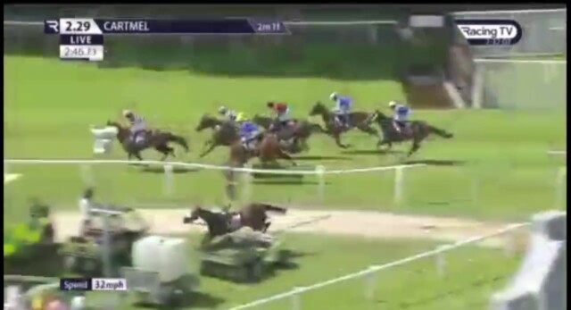 , Chaos at Cartmel as horse Peltwell crashes through barrier forcing terrified crowd to flee before smashing into cars