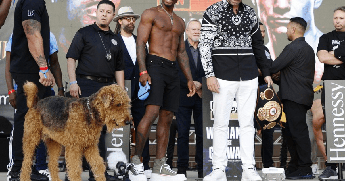 , Boxer brings his DOG to Canelo vs Golovkin weigh-in leaving Eddie Hearn looking perplexed