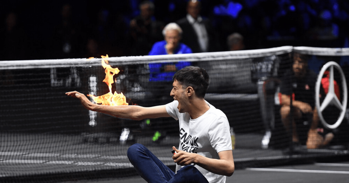 , Bizarre moment idiot sets himself on FIRE before getting carried out by security at Laver Cup at O2 Arena