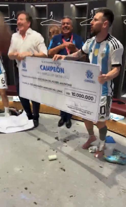 , Inside Argentina’s wild dressing room celebrations as Messi dances with $10m cheque and star SOMERSAULTS into bin