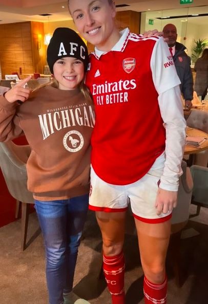 , Maya Jama poses in Leah Williamson shirt as she supports Arsenal Women at the Emirates