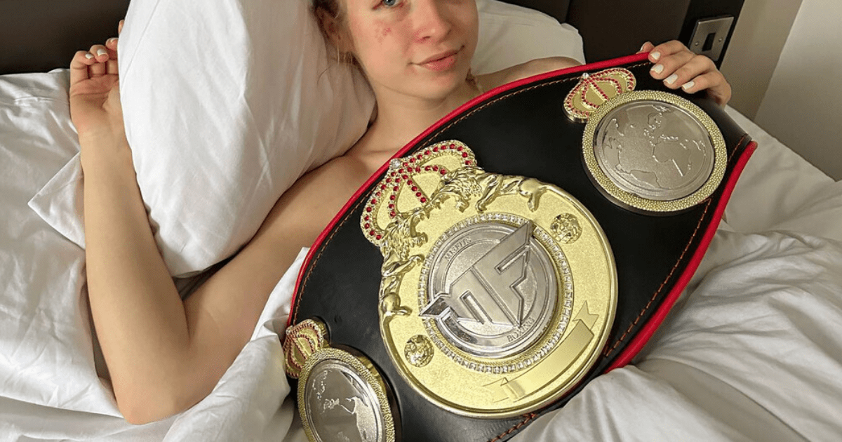 , Astrid Wett poses topless in bed after beating AJ Bunker in Misfits fight but fans call new strap a ‘Toys R Us belt’