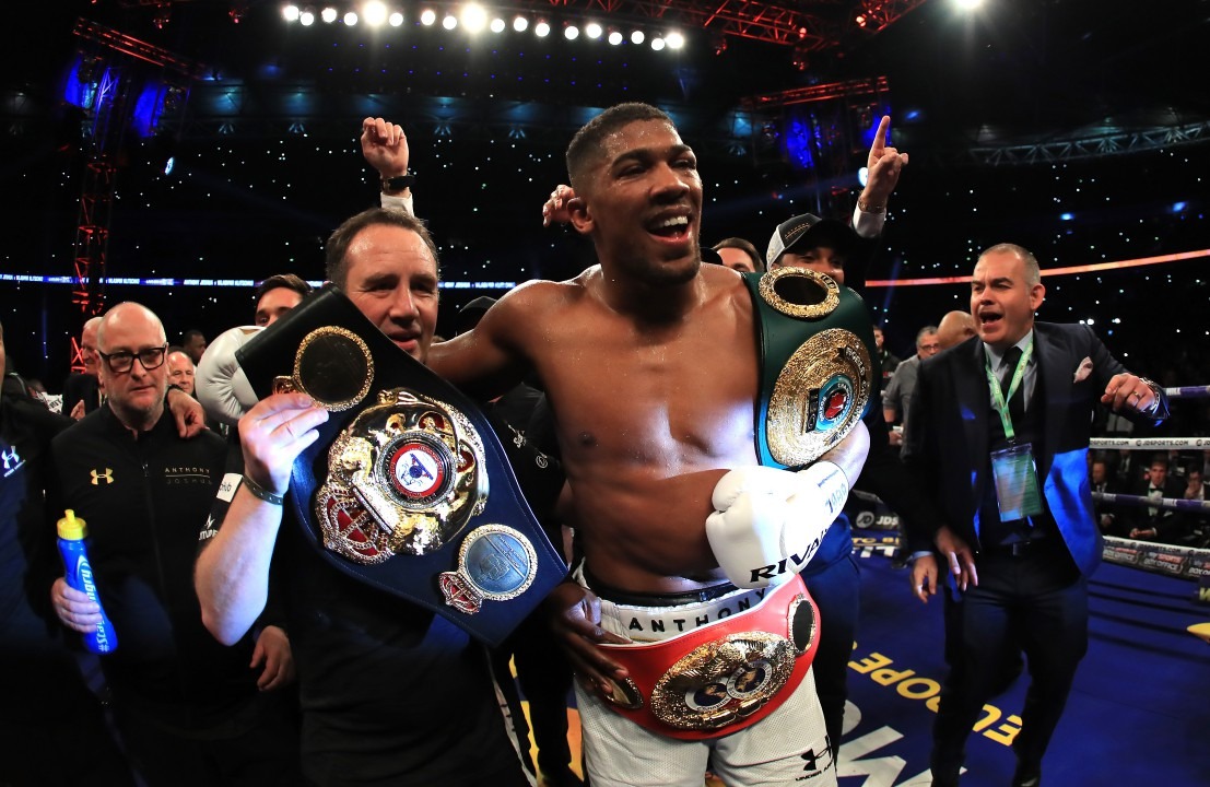 LONDON, ENGLAND - APRIL 29: Anthony Joshua celebrates victory over Wladimir Klitschko in the IBF, WBA and IBO Heavyweight World Title bout at Wembley Stadium on April 29, 2017 in London, England. (Photo by Richard Heathcote/Getty Images)