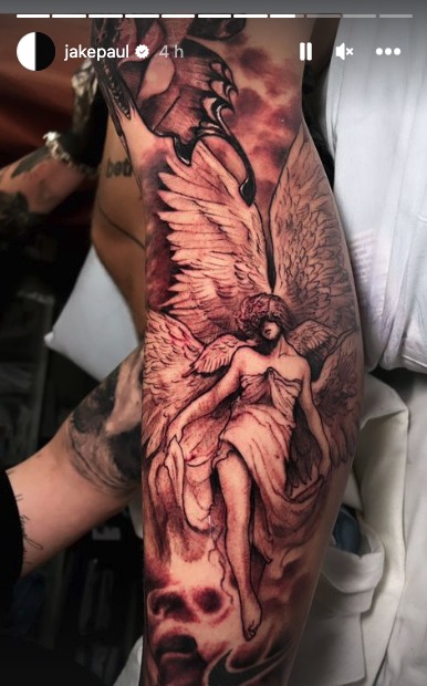 , Jake Paul shows off brand new tattoo collection including full leg sleeve with angel and massive tiger on his foot