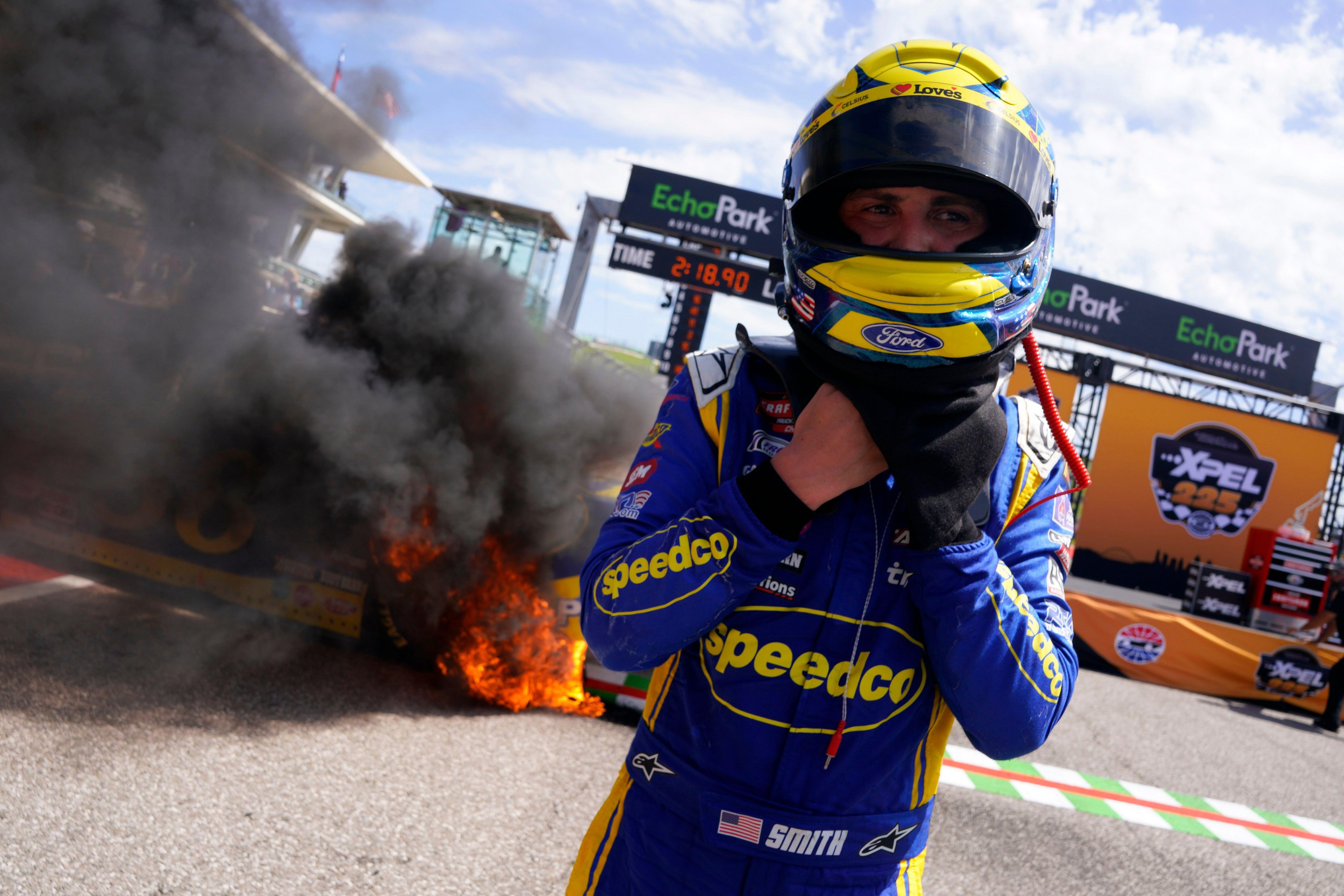 , ‘Might want to put that out’ – Watch Nascar winner’s car burst into FLAMES after celebratory burnout leaves fans baffled