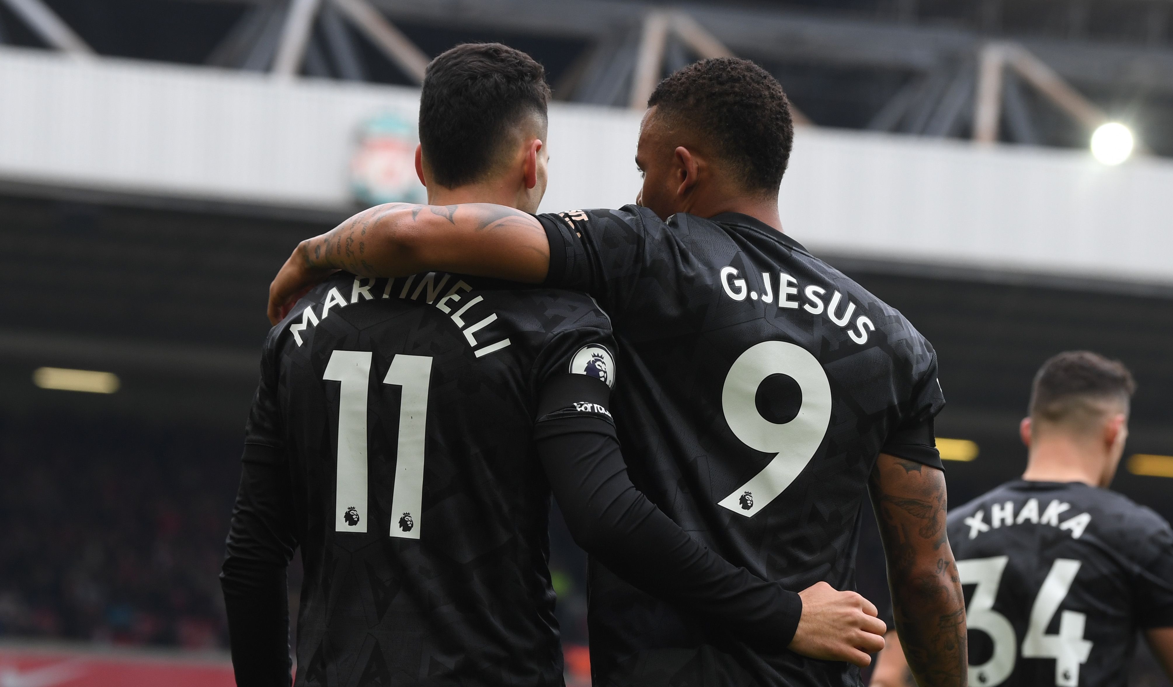 LIVERPOOL, ENGLAND - APRIL 09: (L-R) Gabriel Martinelli and Gabriel Jesus of Arsenal during the Premier League match between Liverpool FC and Arsenal FC at Anfield on April 09, 2023 in Liverpool, England. (Photo by Stuart MacFarlane/Arsenal FC via Getty Images)