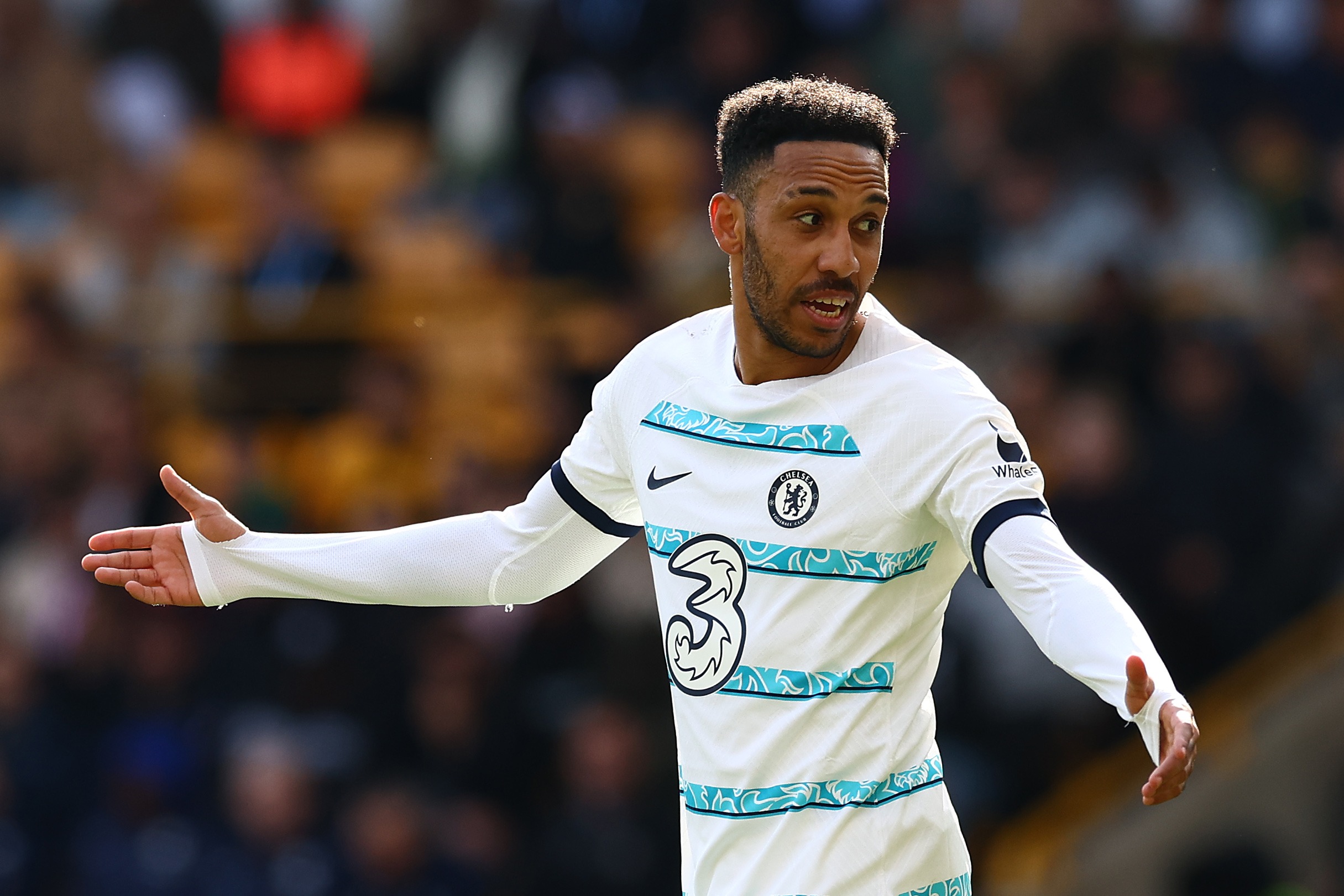 WOLVERHAMPTON, ENGLAND - APRIL 08: Pierre-Emerick Aubameyang of Chelsea looks on during the Premier League match between Wolverhampton Wanderers and Chelsea FC at Molineux on April 08, 2023 in Wolverhampton, England. (Photo by Chris Brunskill/Fantasista/Getty Images)